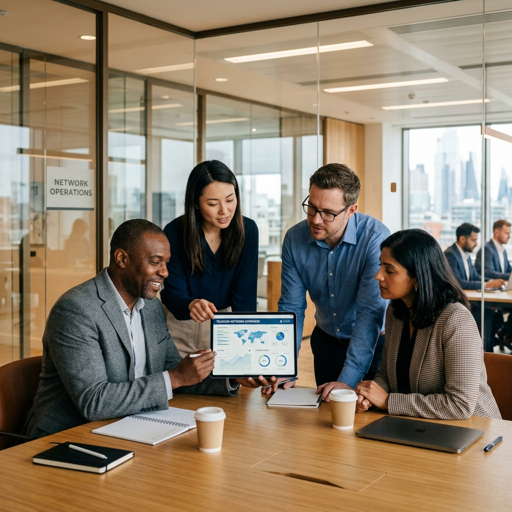 Das TeleGy Team bei der gemeinsamen Analyse von Telekommunikationslösungen in einem modernen Büro